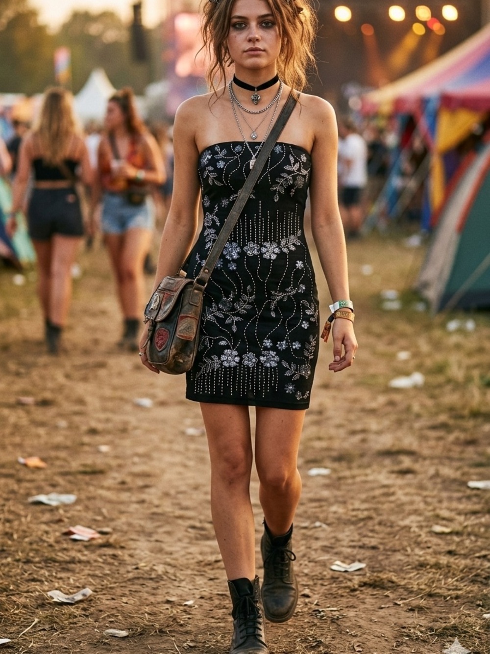 ​90s Grunge Vibe Black Strapless Sequin Floral Festival Dress F21 Sz‎ S